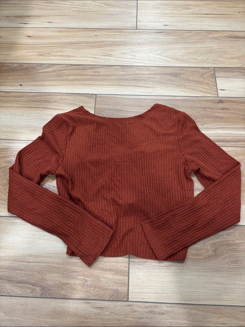 Ribbed Drawstring Front Long-Sleeve Top - Rust - Picture 2 of 2
